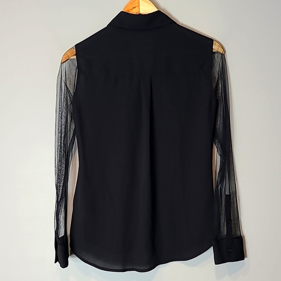 Express Slim-Fit Button Front Portofino Blouse Top Black XS Sheer Sleeves - Picture 4 of 6